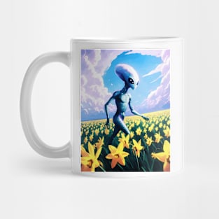 Alien walking through a vast field of yellow daffodils 4 Mug